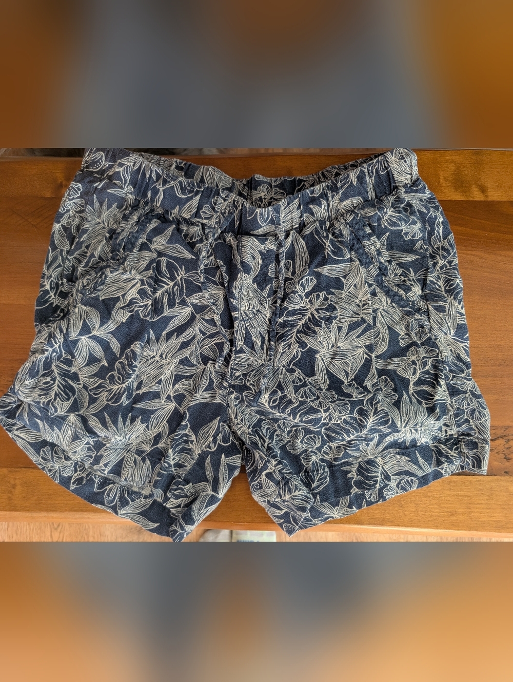 Linen Blend Navy Tropical Print Elastic Waist Summer Shorts